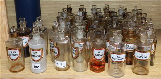 A collection of forty late Victorian chemists dry drug jars and stoppers, with gilt framed named labels, height 17cm